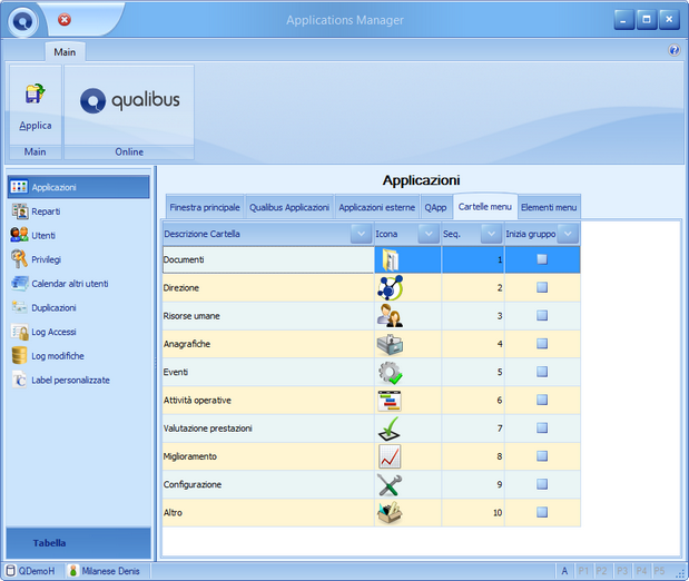 Sezione Applicazioni - Tab Elementi menu in Applications Manager