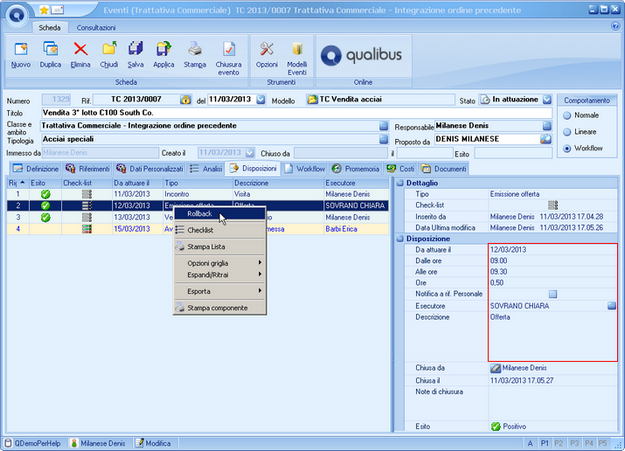Scheda Evento - Tab Disposizioni
