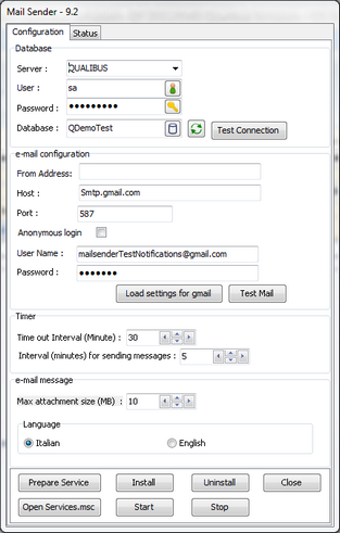 Mail Sender - Maschera di settaggio