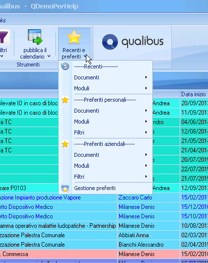 Menu Recenti e preferiti Menu Recenti e preferiti