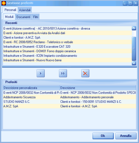 Maschera Gestione preferiti Maschera Gestione preferiti
