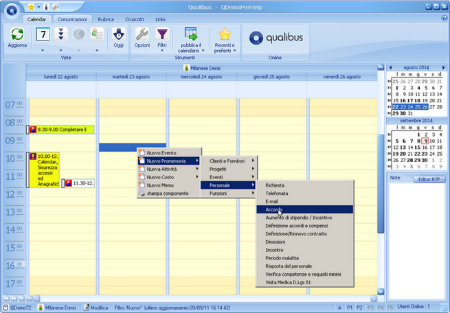 Inserimento Promemoria da menu sul Calendar