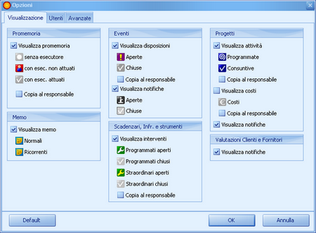 Sezione Strumenti - Opzioni di visualizzazione di default