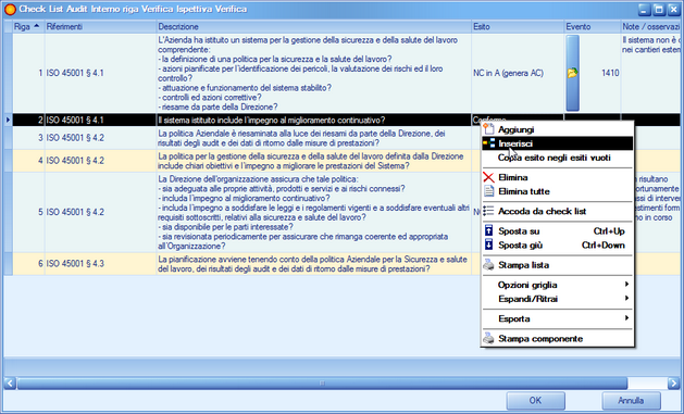 Maschera di configurazione e compilazione delle check-list