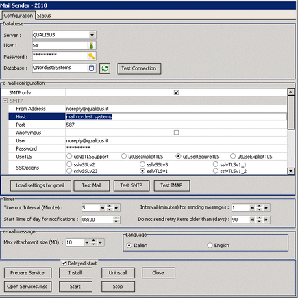 Mail Sender - Maschera di settaggio