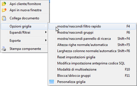 Menu contestuale sulla griglia