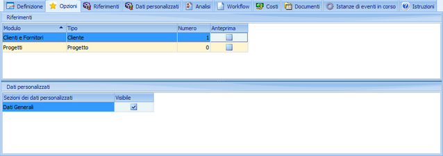 Modelli Eventi - Sezione Opzioni