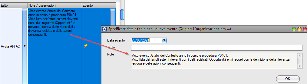Avvio automatico da Check-list - Maschera di definizione del nuovo evento
