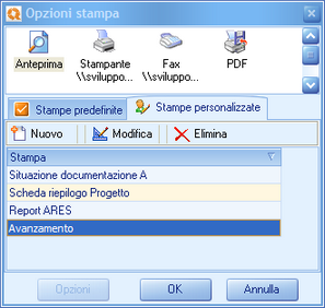 Maschera di selezione e gestione delle Stampe personalizzate
